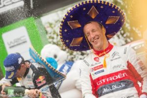 Kris Meeke celebrates victory in Mexico